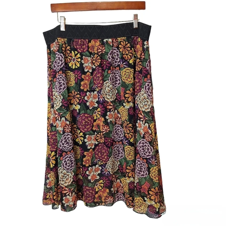 LuLaRoe Womens Lola Pull On Lined Midi Skirt 3XL‎ Black Purple Green Floral New